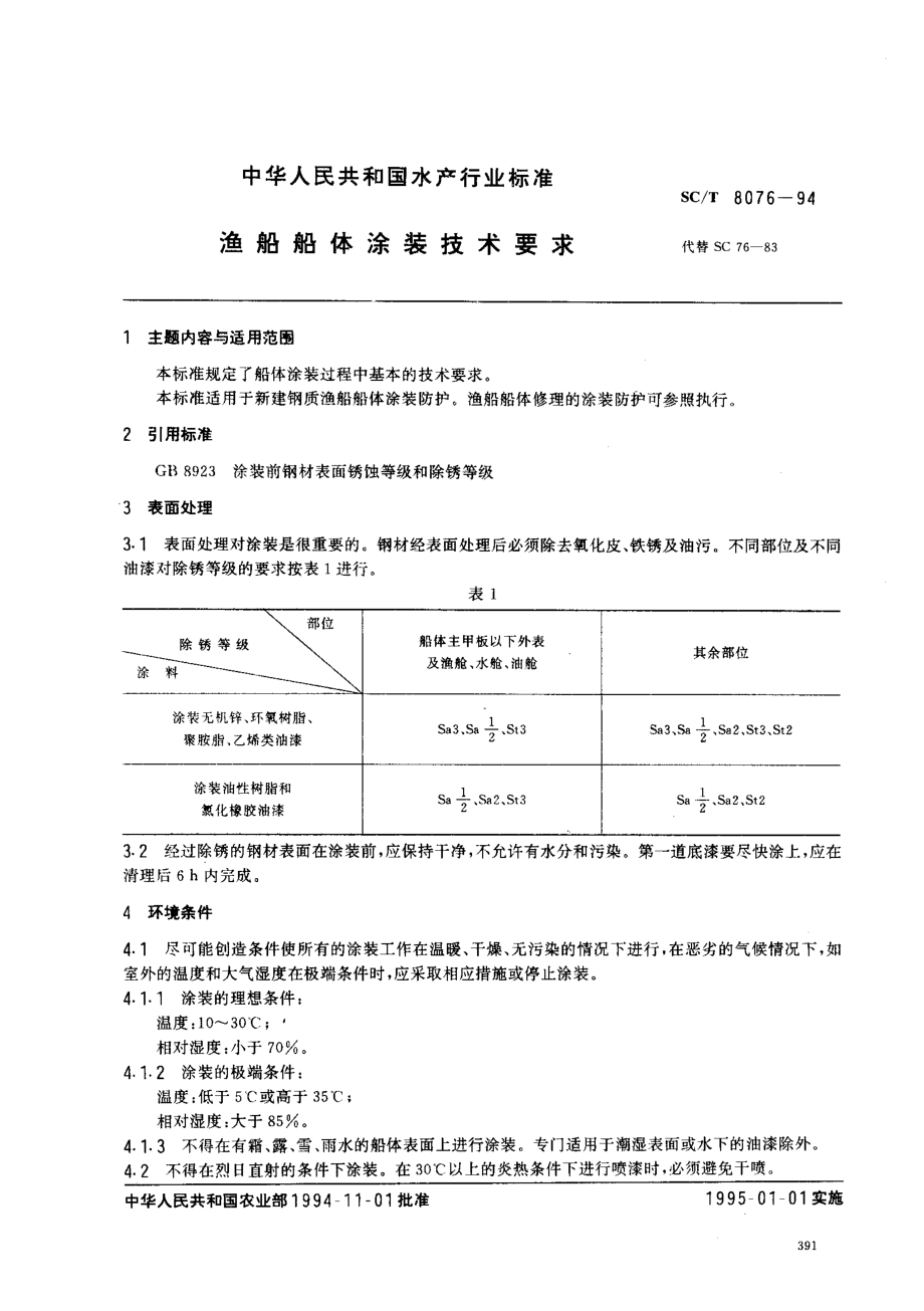 SCT 8076-1994 渔船船体涂装技术要求.pdf_第1页