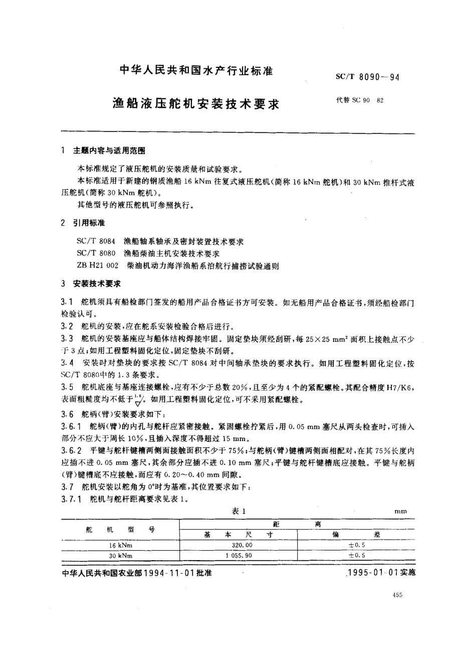 SCT 8090-1994 渔船液压舵机安装技术要求.pdf_第1页