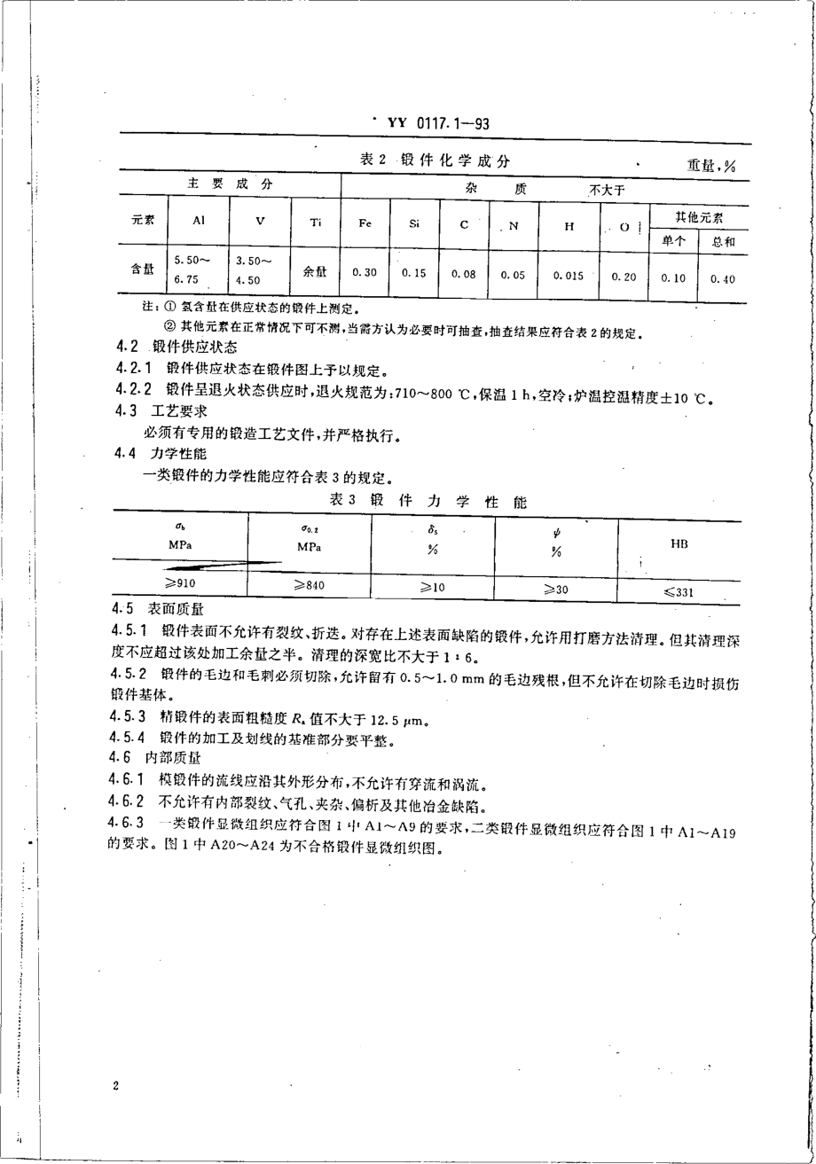 yy0117.1-1993 外科植入物 骨关节假体锻、铸件 TC4 钛合金锻件.pdf_第2页