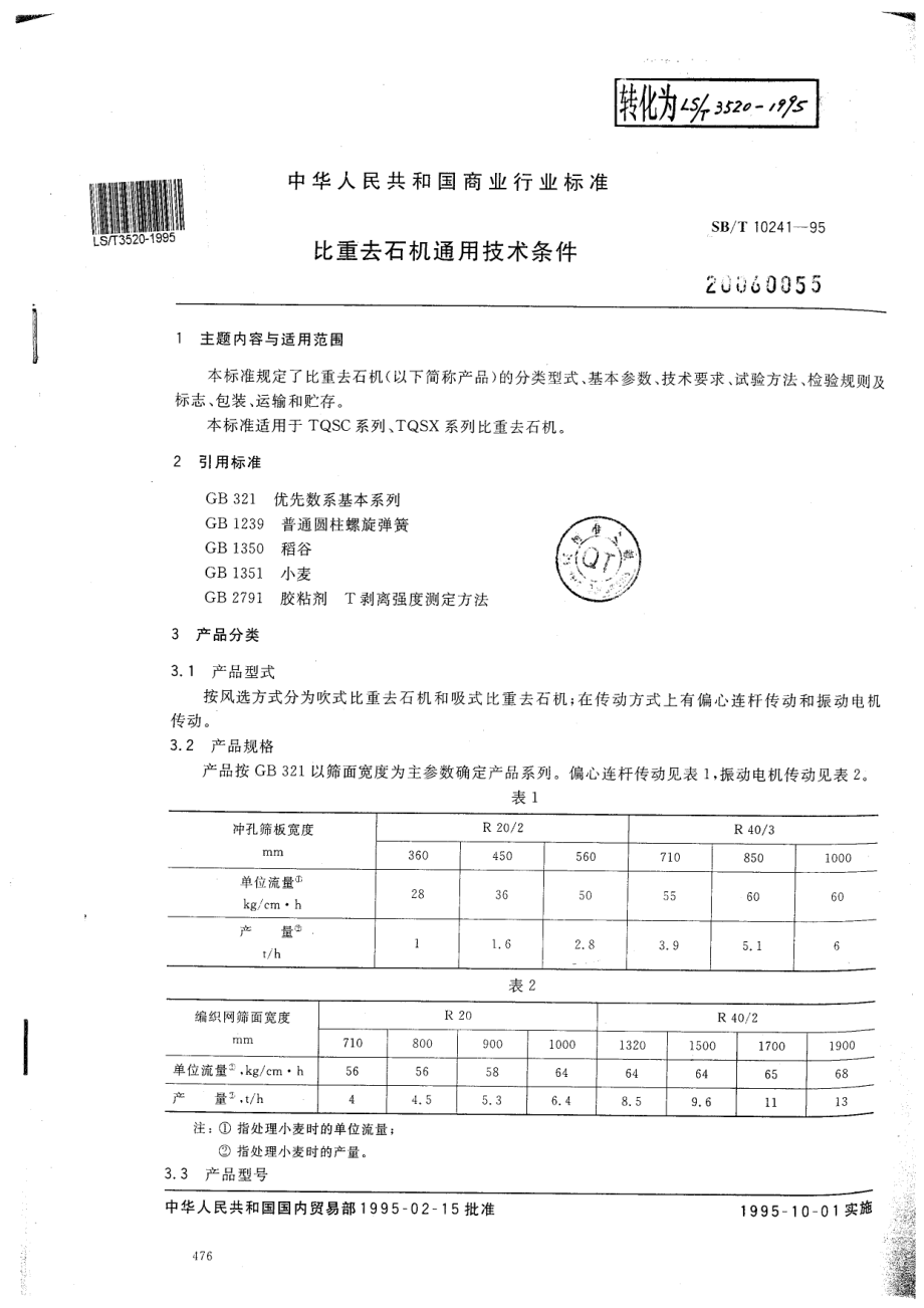 SBT 10241-1995 比重去石机通用技术条件LST3520-1995.pdf_第1页