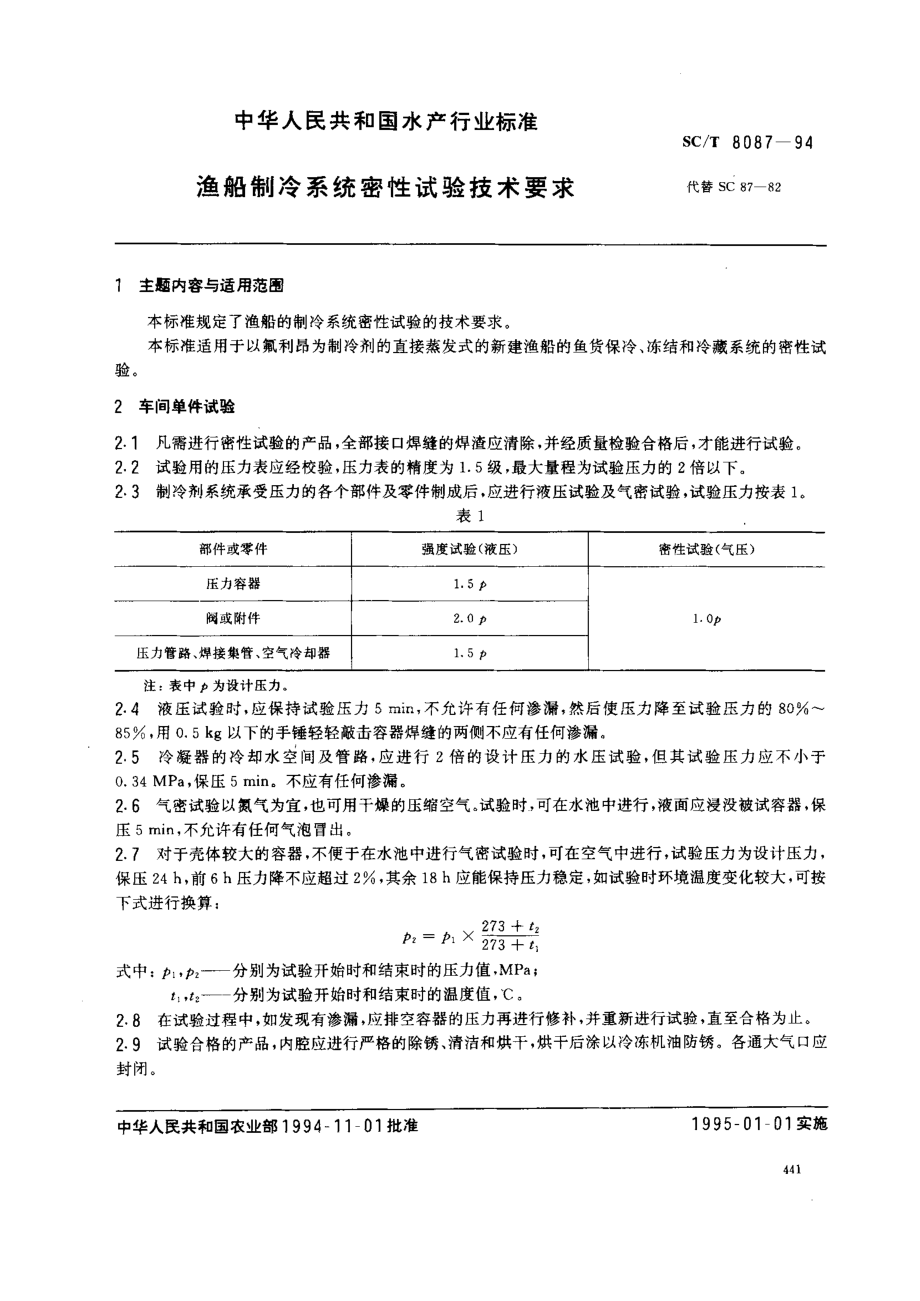 SCT 8087-1994 渔船制冷系统密性试验技术要求.pdf_第1页