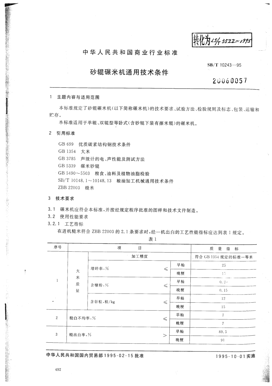 SBT 10243-1995 砂辊碾米机通用技术条件 LST3522-1995.pdf_第1页