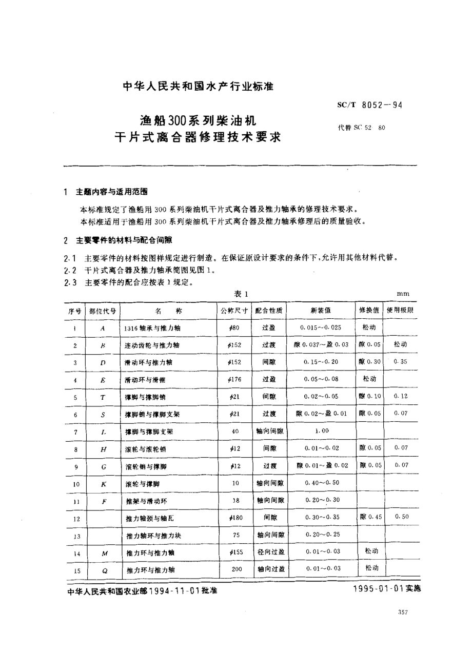 SCT 8052-1994 渔船300系列柴油机 干片式离合器修理技术要求.pdf_第1页