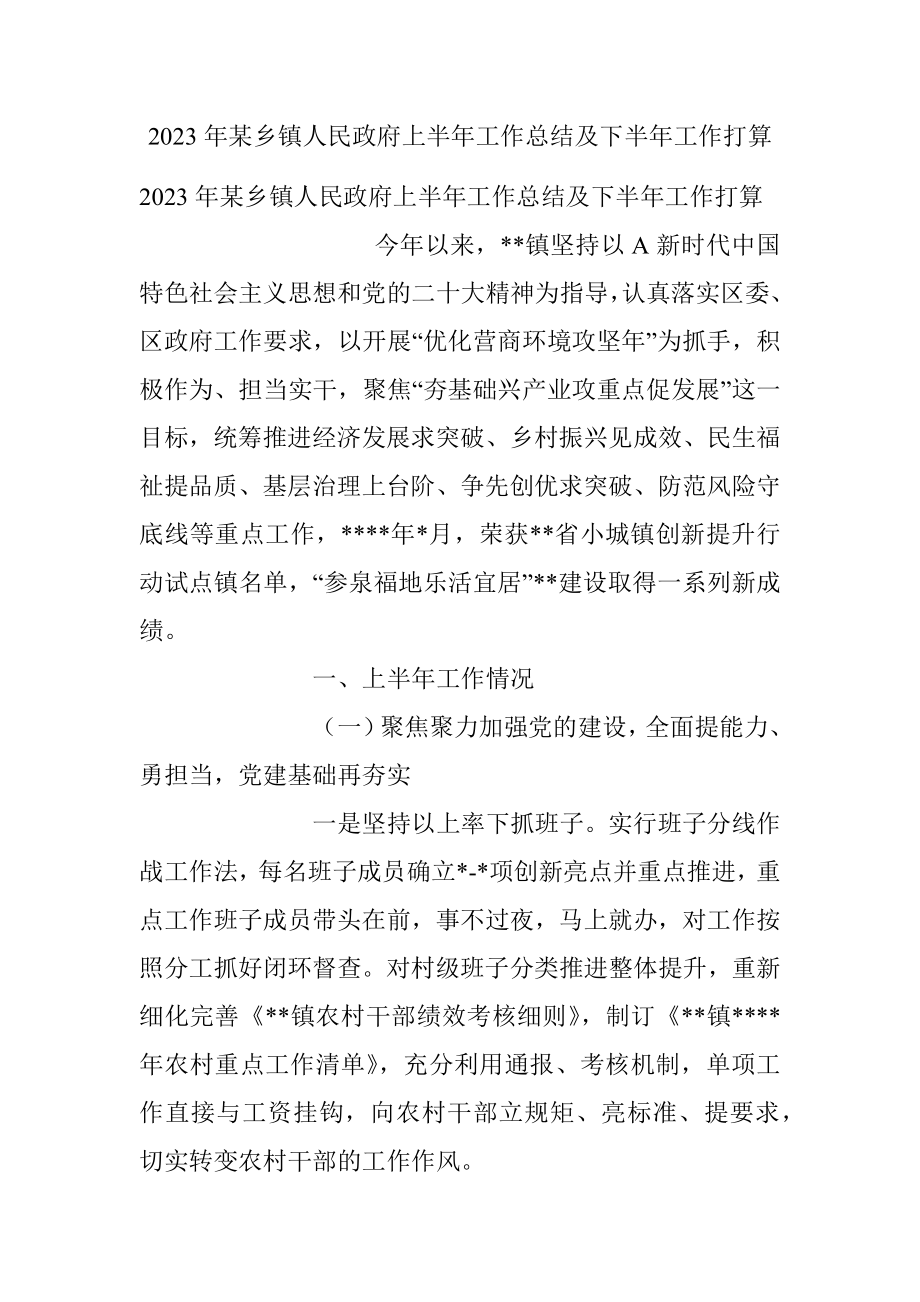 2023年某乡镇人民政府上半年工作总结及下半年工作打算.docx_第1页