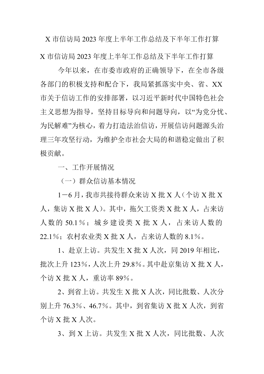 X市信访局2023年度上半年工作总结及下半年工作打算.docx_第1页