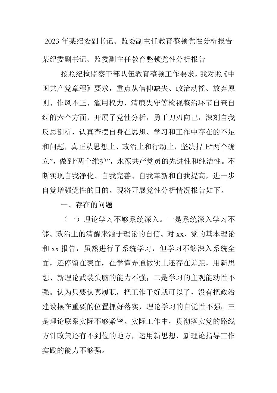 2023年某纪委副书记、监委副主任教育整顿党性分析报告.docx_第1页