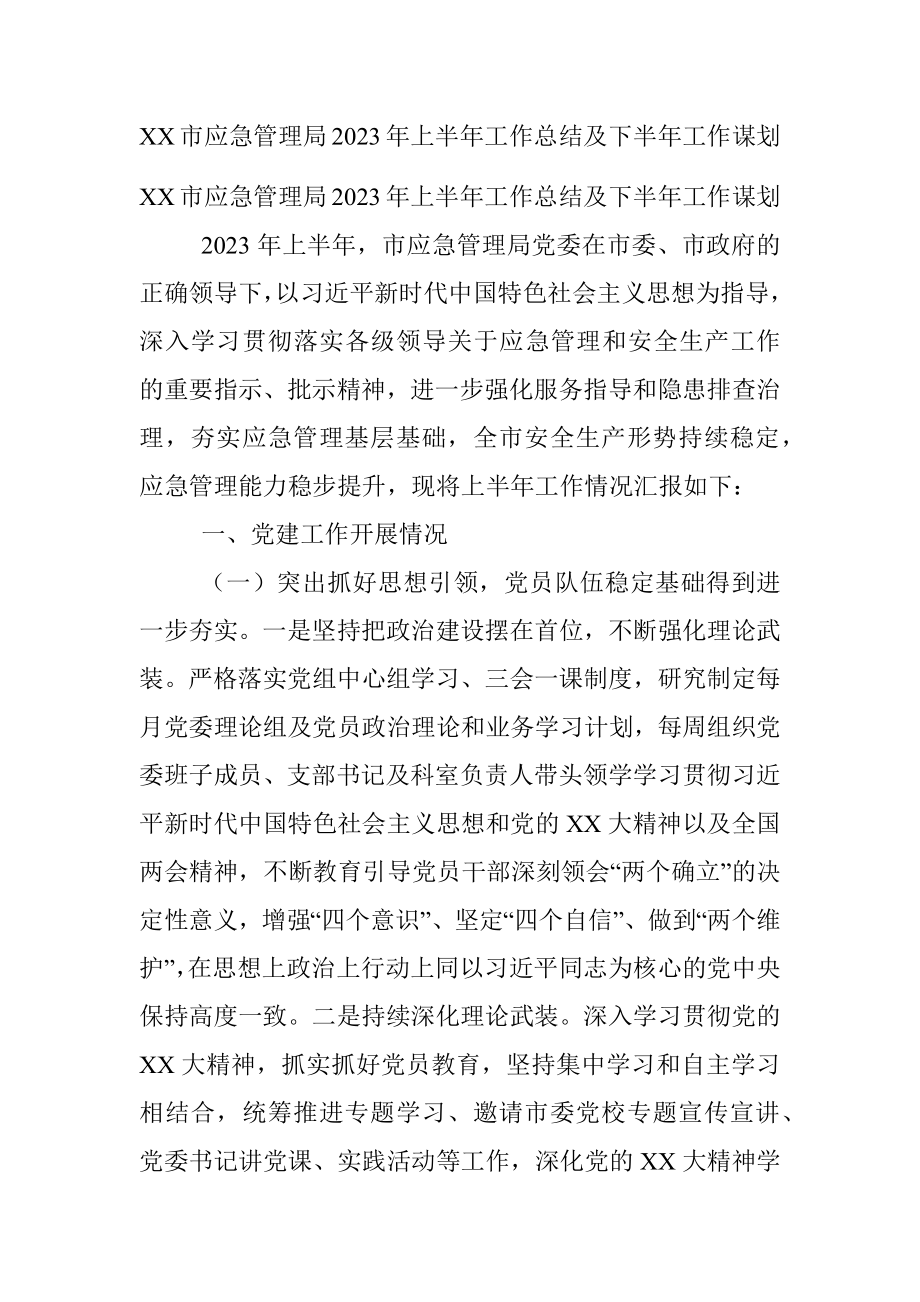 XX市应急管理局2023年上半年工作总结及下半年工作谋划.docx_第1页