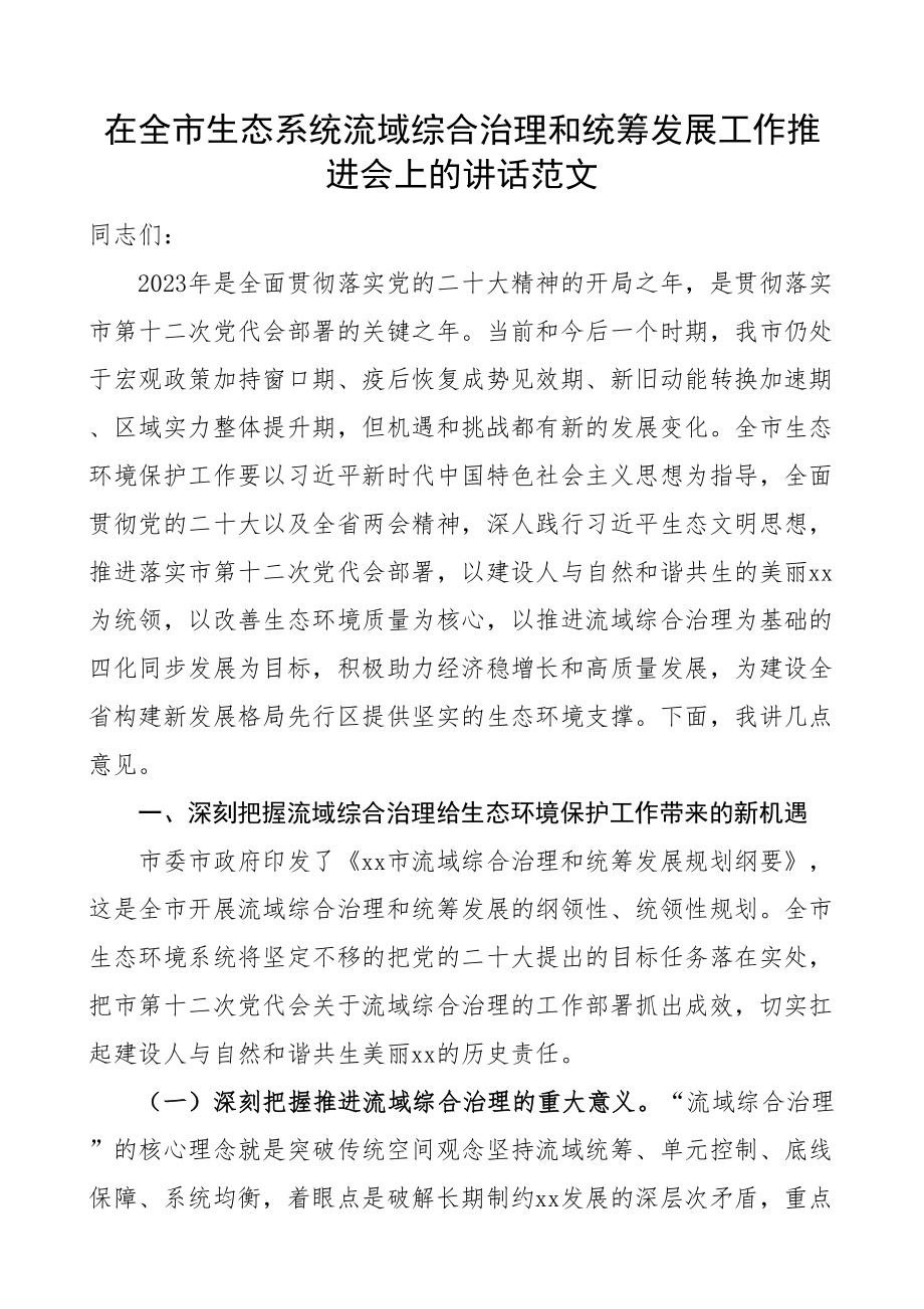 全市生态系统流域综合治理和统筹发展工作推进会议讲话.docx_第1页