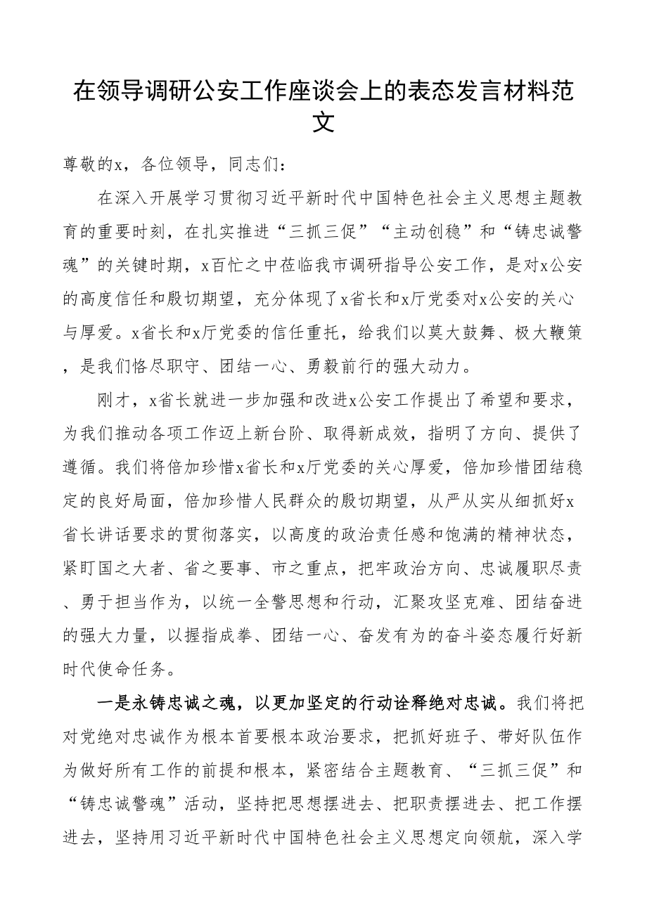 在领导调研公安工作座谈会上的表态发言材料.docx_第1页