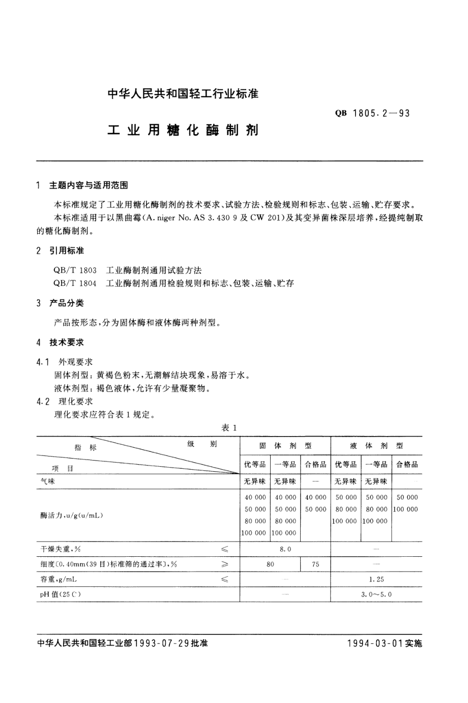 QB 1805.2-1993 工业用糖化酶制剂.pdf_第1页