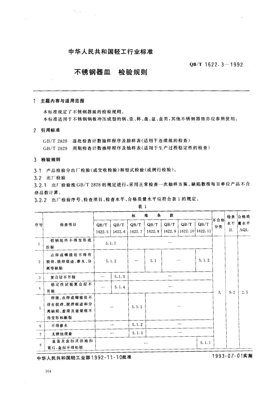 QBT 1622.3-1992 不锈钢器皿 检验规则.pdf_第1页