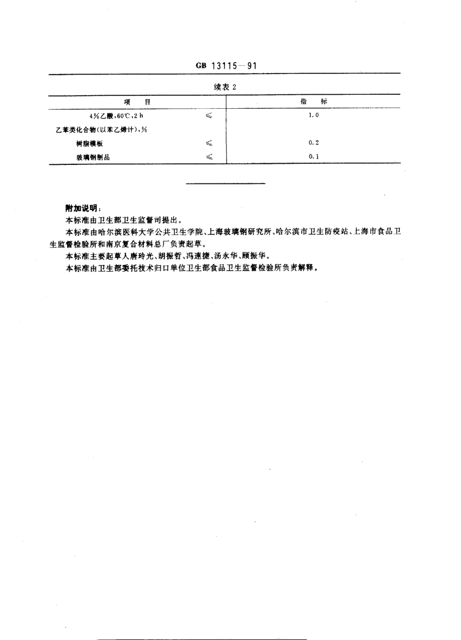 GB 13115-1991 食品容器及包装材料用不饱和聚酯树脂及其玻璃钢制品卫生标准.pdf_第2页