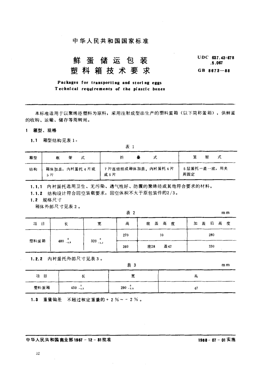 GB 8673-1988 鲜蛋储运包装塑料箱技术要求.pdf_第1页