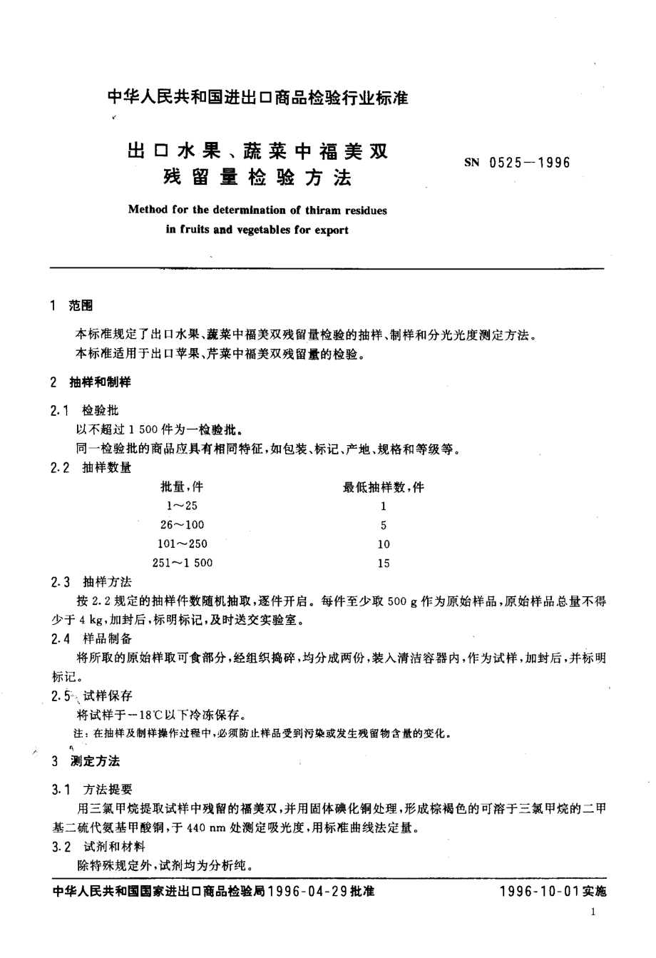 SN 0525-1996 出口水果、蔬菜中福美双残留量检验方法.pdf_第3页