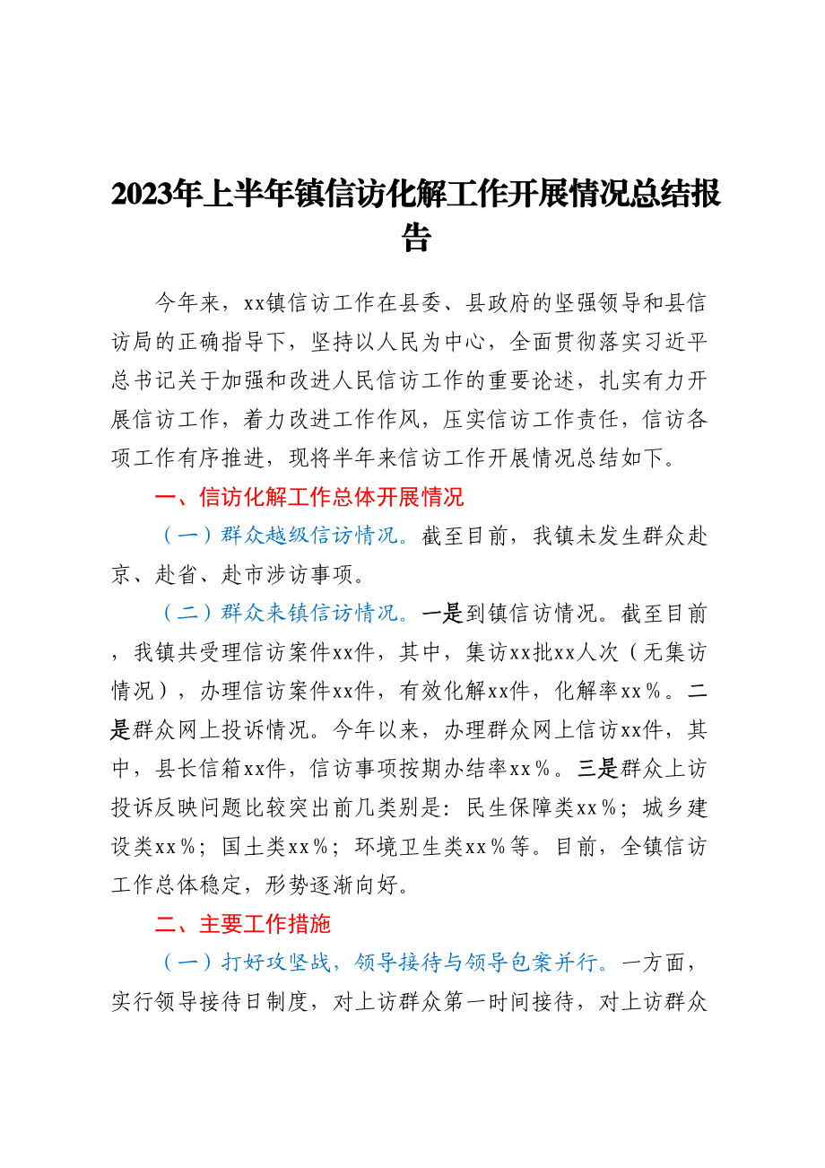 2023年上半年镇信访化解工作开展情况总结报告.docx_第1页