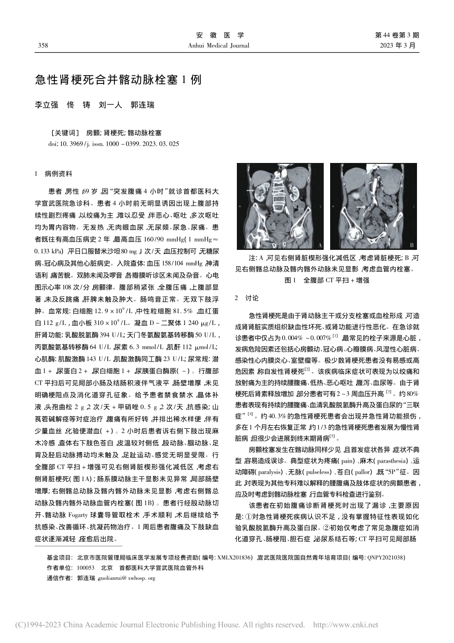 急性肾梗死合并髂动脉栓塞1例_李立强.pdf_第1页