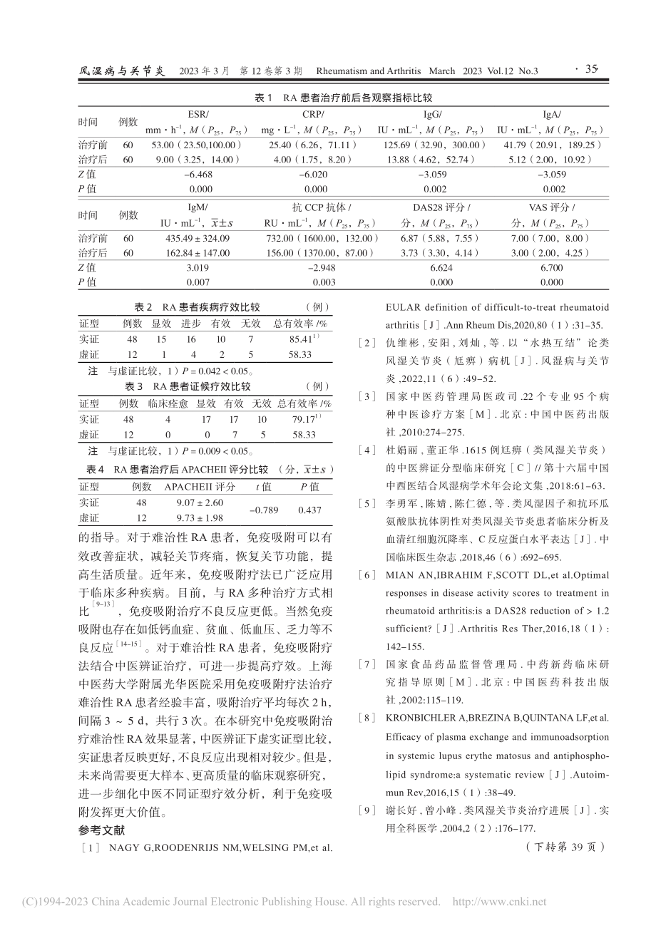 免疫吸附治疗难治性类风湿关节炎中医虚实证型疗效差异_张彤.pdf_第3页