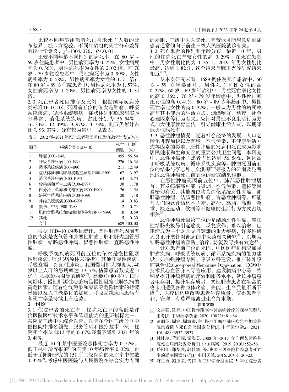 某三级中医医院2012年-2021年住院死亡病例分析_钟晓君.pdf_第3页