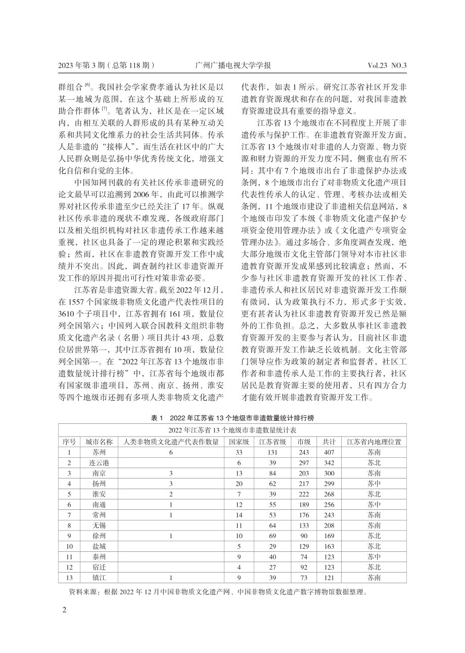 社区非遗教育资源开发路径研...于江苏省13个地级市的调查_方佳.pdf_第2页