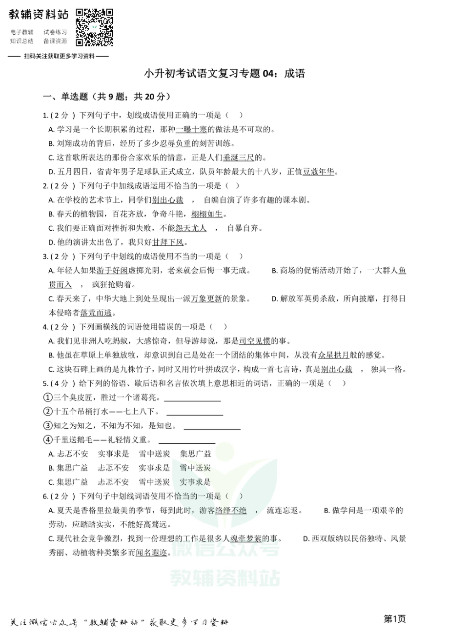 小升初语文复习专题04：成语.pdf_第1页