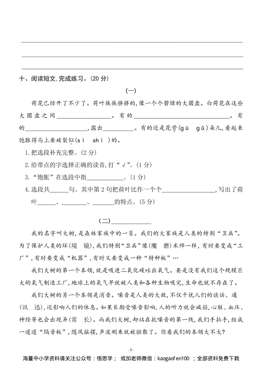 小学三年级下册-部编版语文第一单元检测卷 三.pdf_第3页