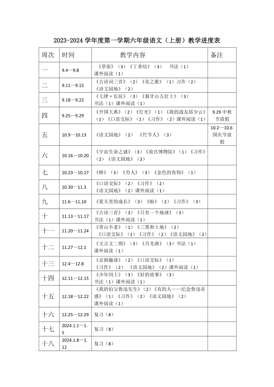 六年级上册语文教学进度表.doc_第1页