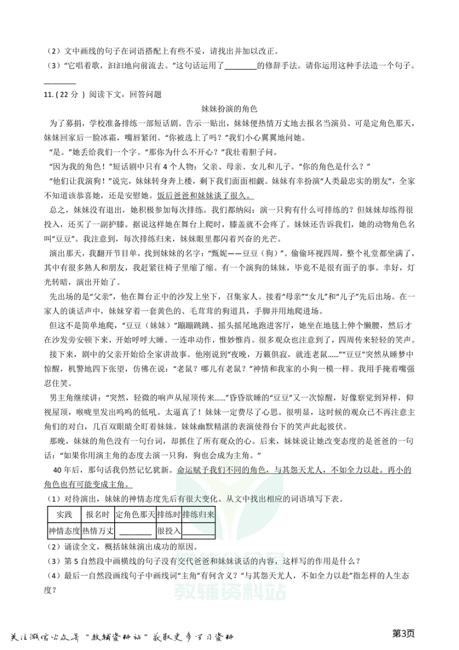 小升初语文模拟试卷（普通学校3）.pdf_第3页