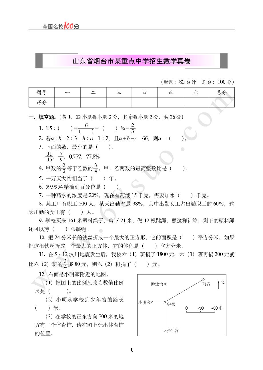 山东省烟台市某重点中学招生数学真卷含答案.pdf_第1页