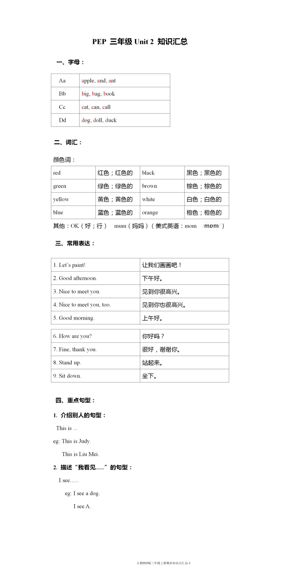 人教PEP版三年级英语（上册）期末必考知识点汇总.pdf_第2页