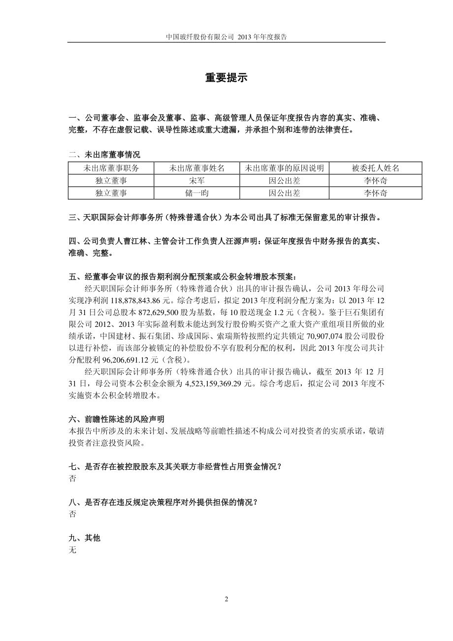 600176_2013_中国玻纤_2013年年度报告_2014-03-18.pdf_第2页