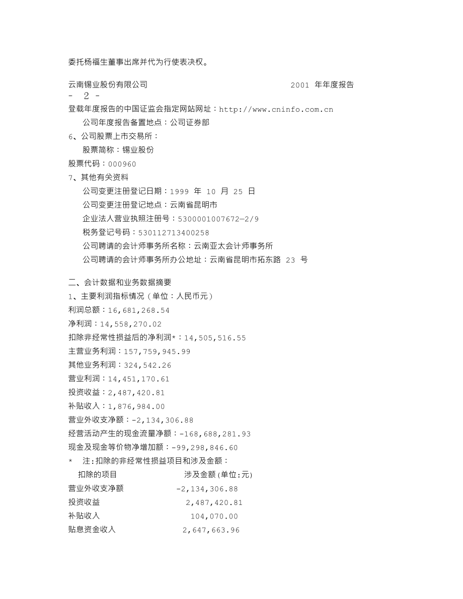 000960_2001_锡业股份_锡业股份2001年年度报告_2002-04-01.txt_第2页