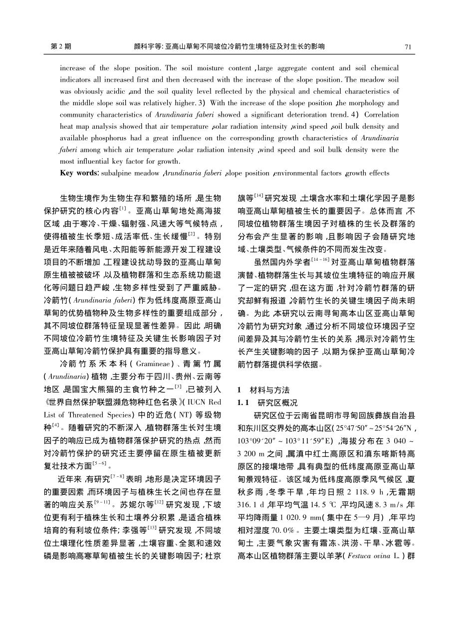 亚高山草甸不同坡位冷箭竹生境特征及对生长的影响_颜科宇.pdf_第2页