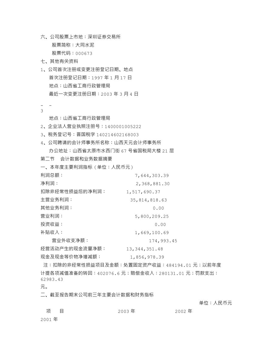 000673_2003_＊ST当代_大同水泥2003年年度报告_2004-03-02.txt_第3页