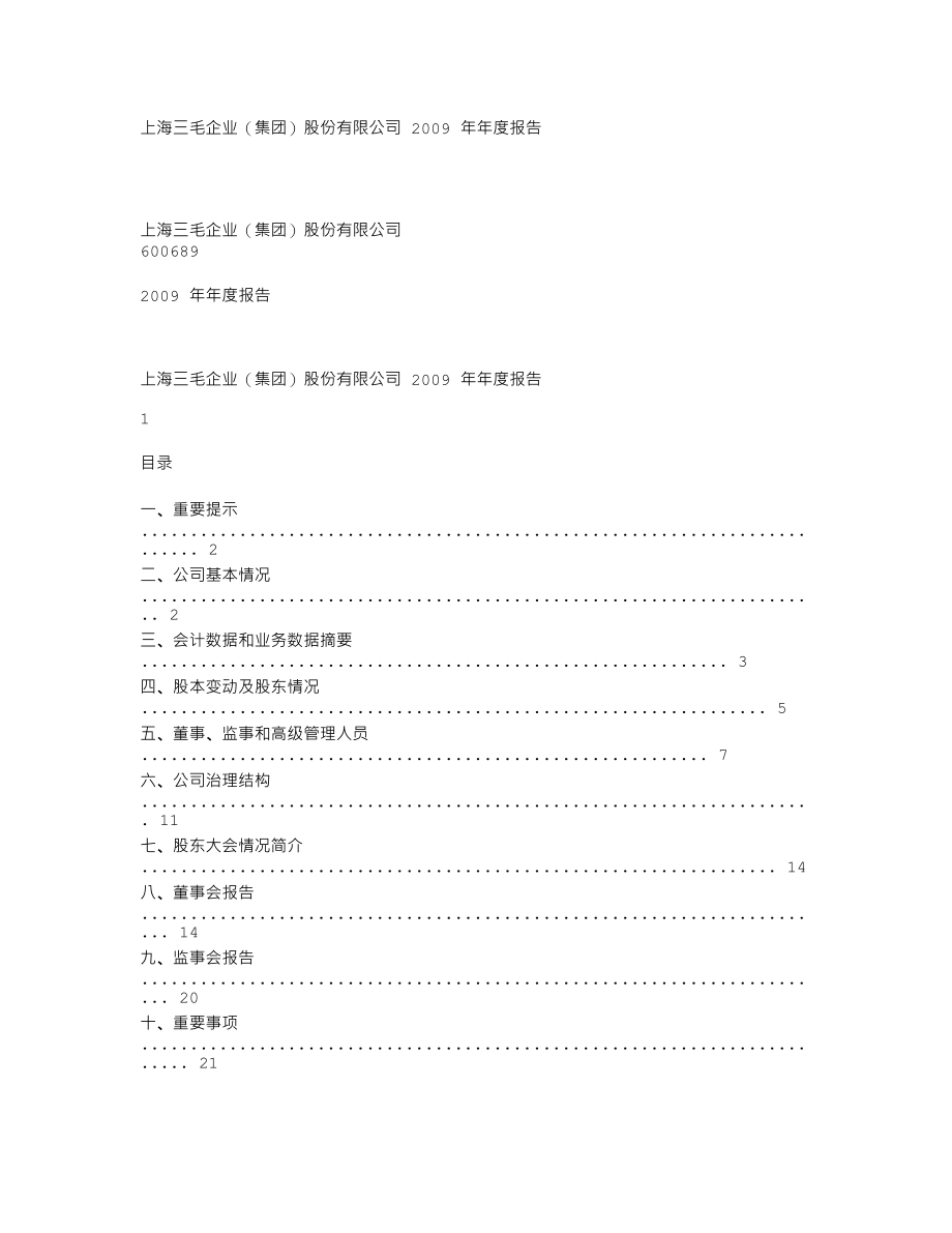 600689_2009_上海三毛_2009年年度报告_2010-04-16.txt_第1页