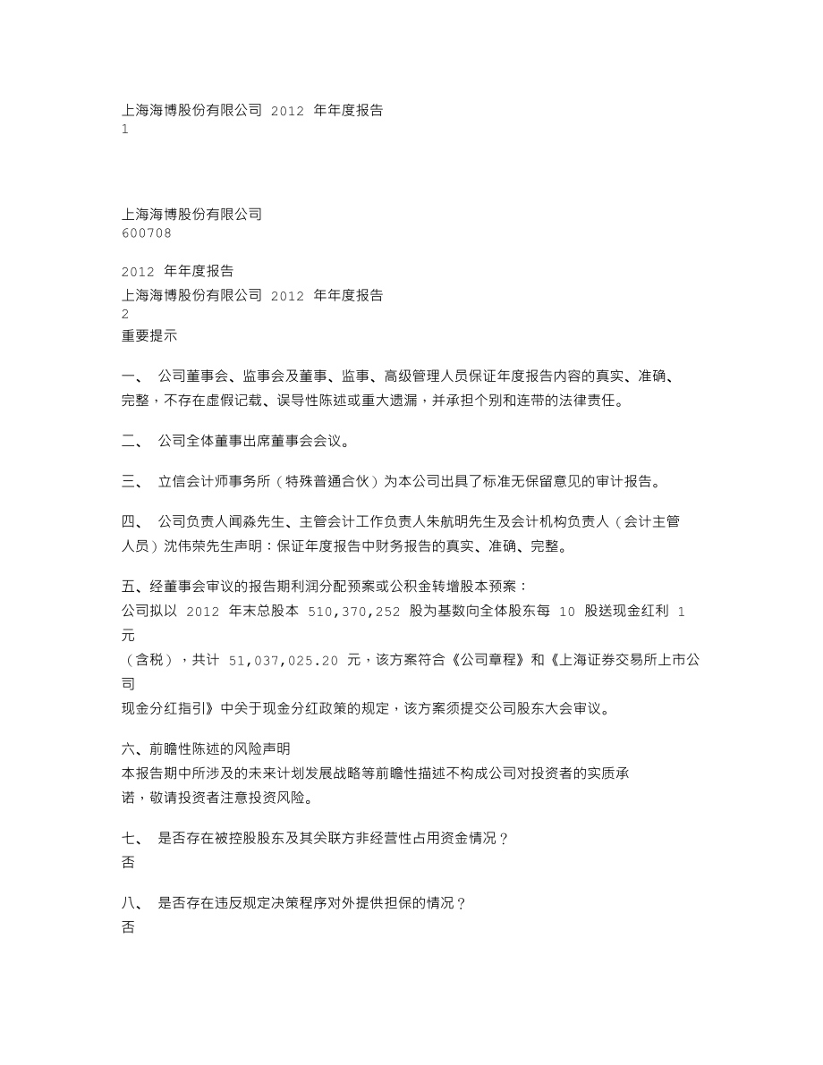 600708_2012_海博股份_2012年年度报告_2013-03-29.txt_第1页