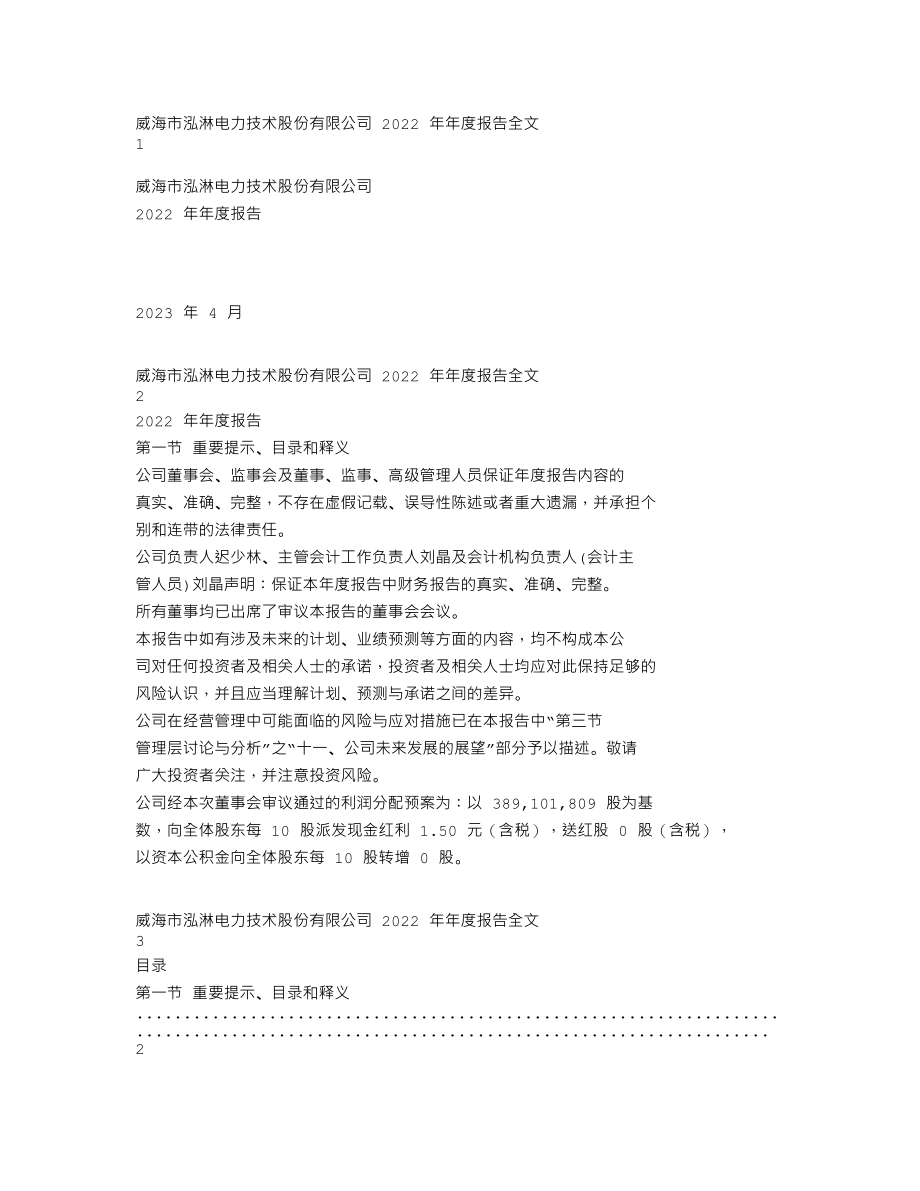 301439_2022_泓淋电力_2022年年度报告_2023-04-25.txt_第1页