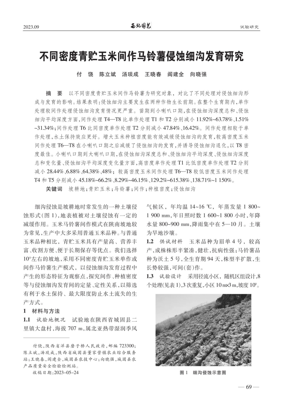 不同密度青贮玉米间作马铃薯侵蚀细沟发育研究.pdf_第1页