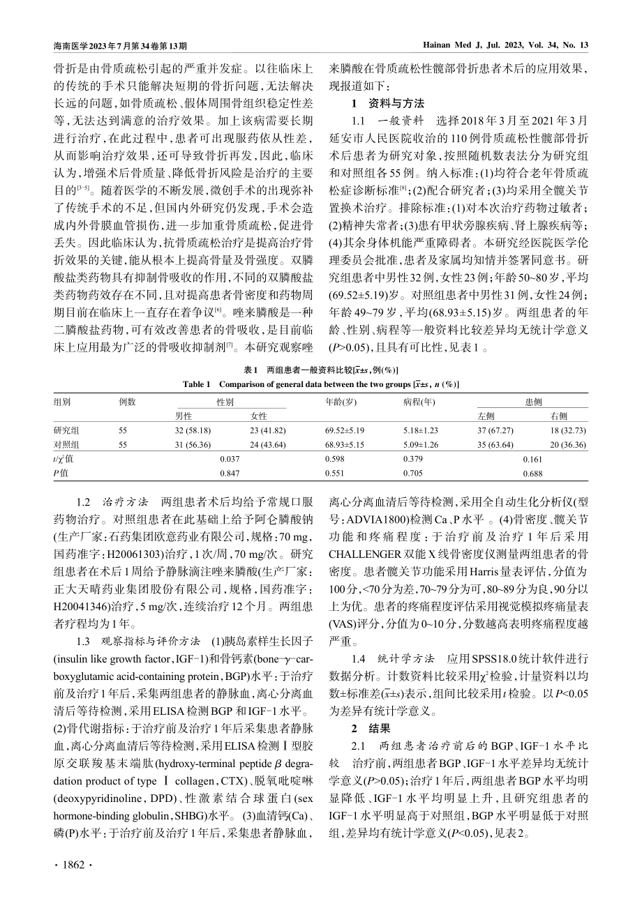 唑来膦酸在骨质疏松性髋部骨折患者术后的应用效果_高延伟.pdf_第2页