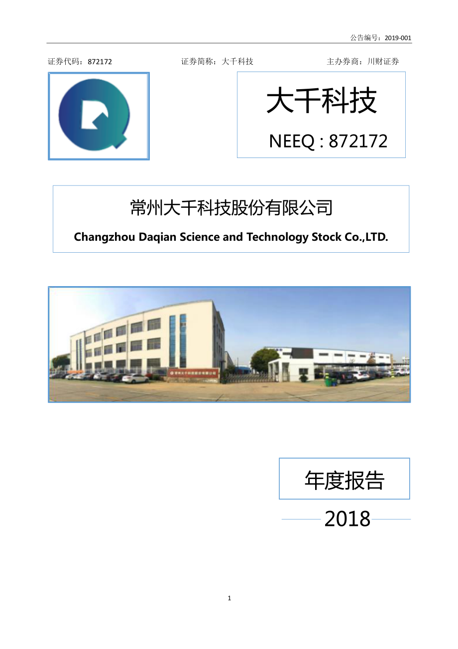 872172_2018_大千科技_2018年年度报告_2019-04-11.pdf_第1页