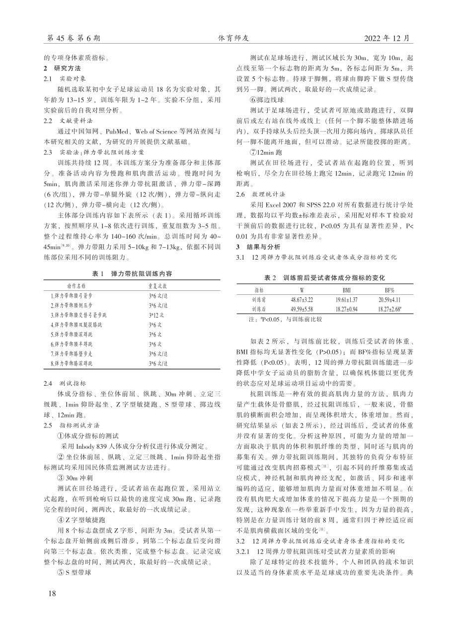 弹力带抗阻训练对中学女子足球运动员体成分及专项身体素质的影响.pdf_第2页