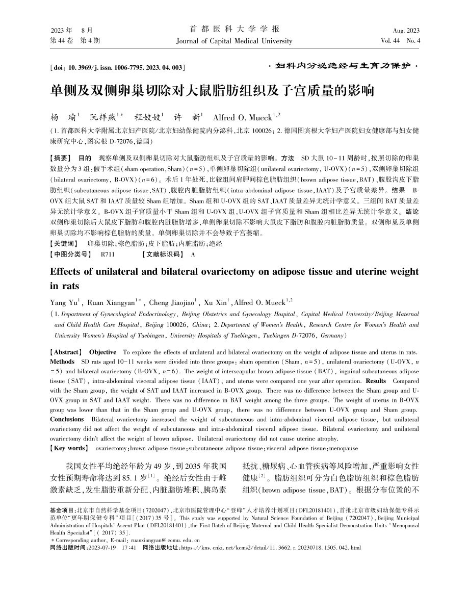 单侧及双侧卵巢切除对大鼠脂肪组织及子宫质量的影响.pdf_第1页