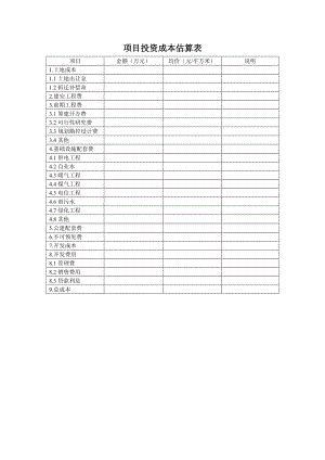 项目投资成本估算表.doc