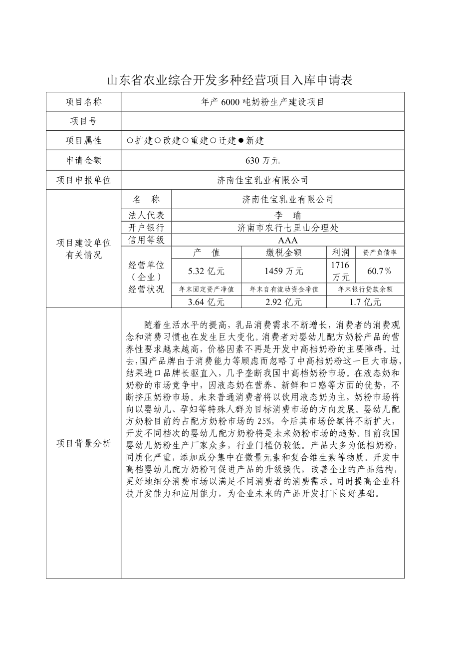 济南佳宝600吨奶粉项目业开发多种经营入库申请表.doc_第1页