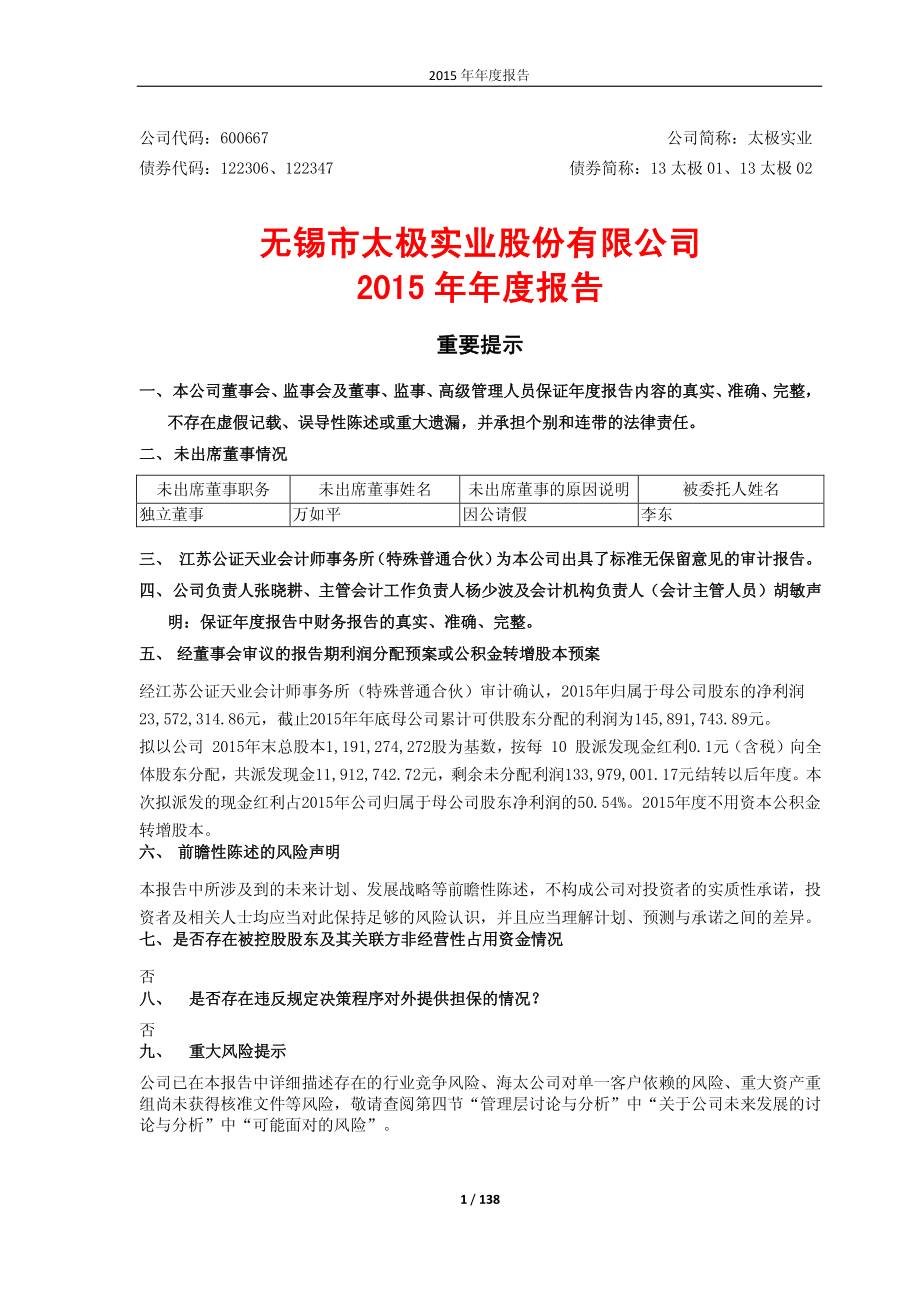 600667_2015_太极实业_2015年年度报告_2016-04-11.pdf_第1页