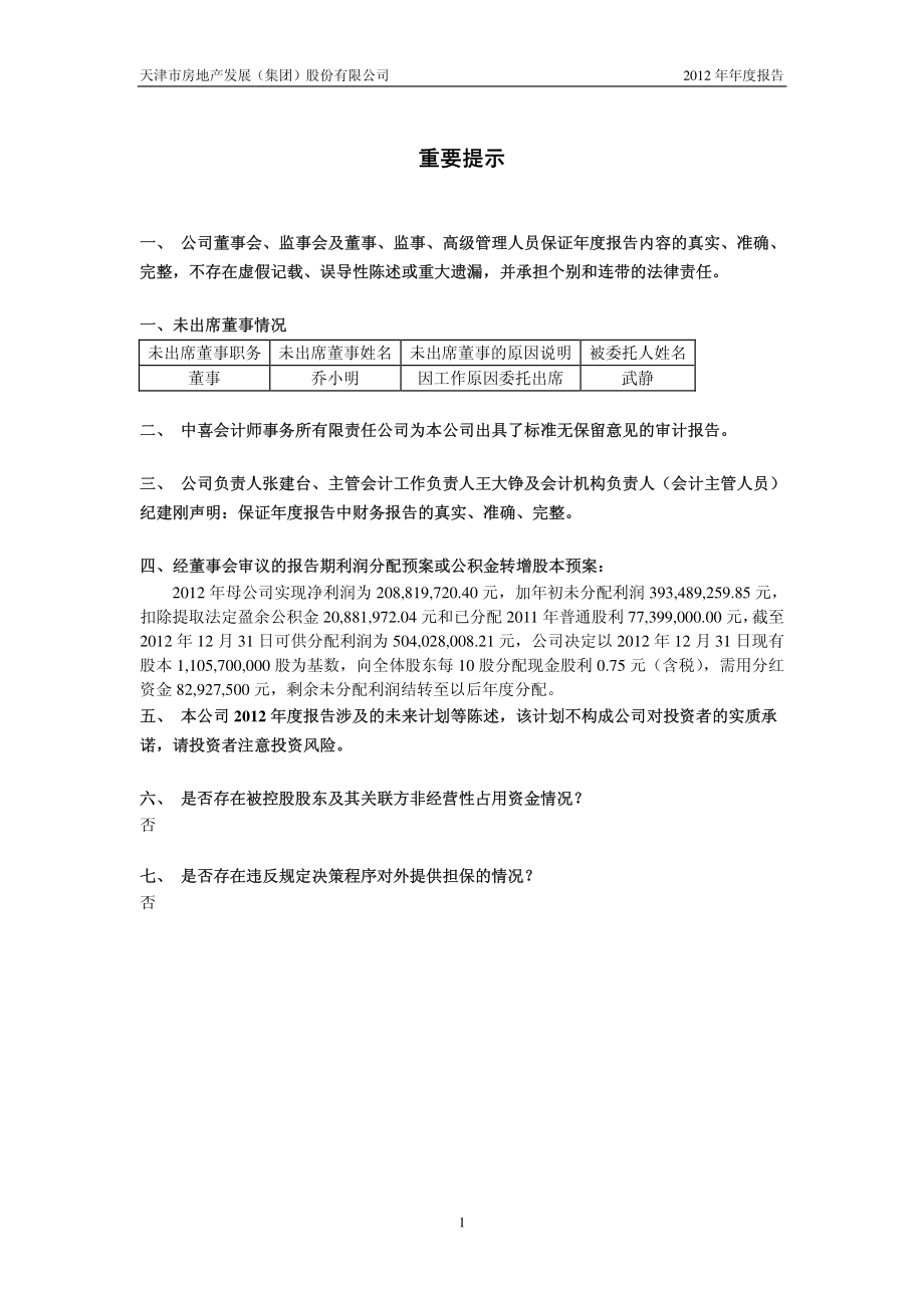 600322_2012_天房发展_2012年年度报告_2013-04-02.pdf_第2页