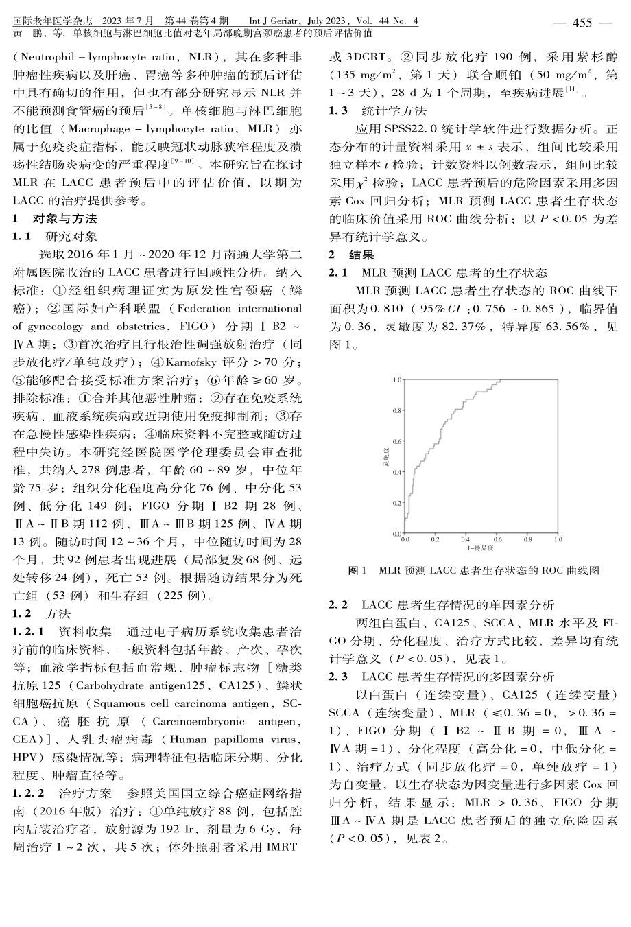 单核细胞与淋巴细胞比值对老年局部晚期宫颈癌患者的预后评估价值.pdf_第2页