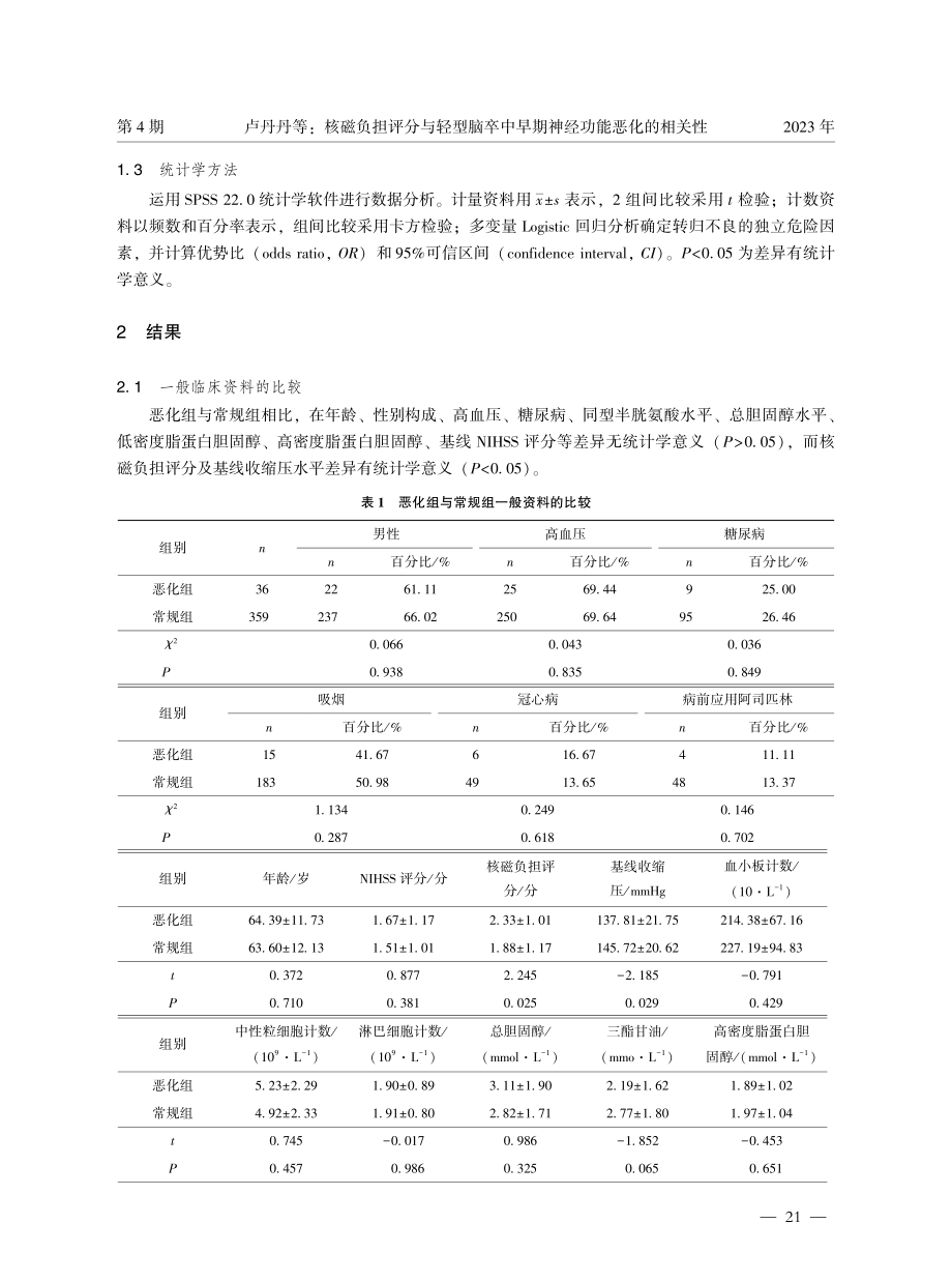 核磁负担评分与轻型脑卒中早期神经功能恶化的相关性.pdf_第3页