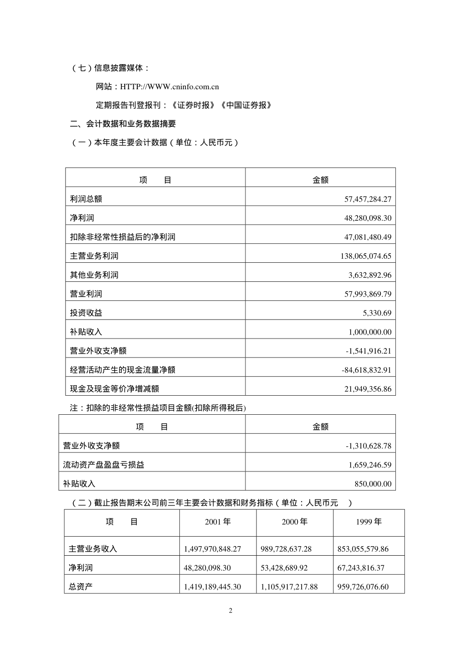 000883_2001_湖北能源_三环股份2001年年度报告_2002-04-12.pdf_第2页