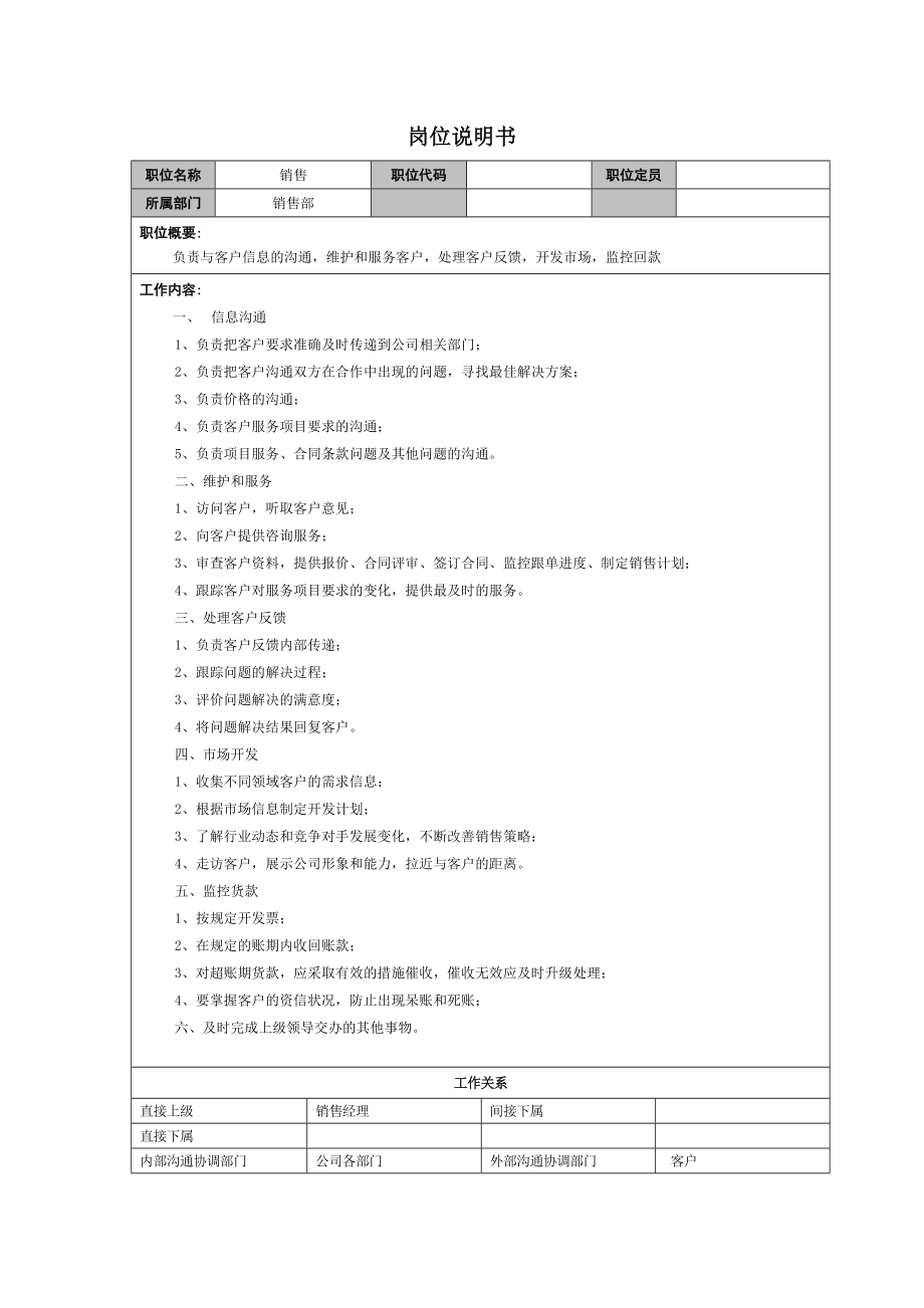 销售部销售岗位说明书.doc_第1页