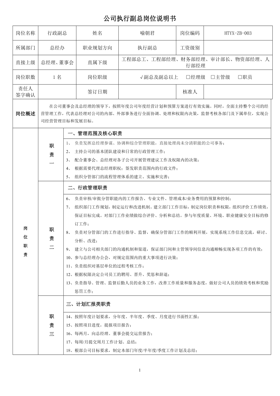 公司行政副总岗位说明书.doc_第1页